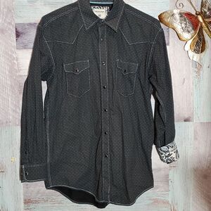 Rough Stock Men's Black Pale Blue Print Cotton Snap Western Shirt Sz M 923
